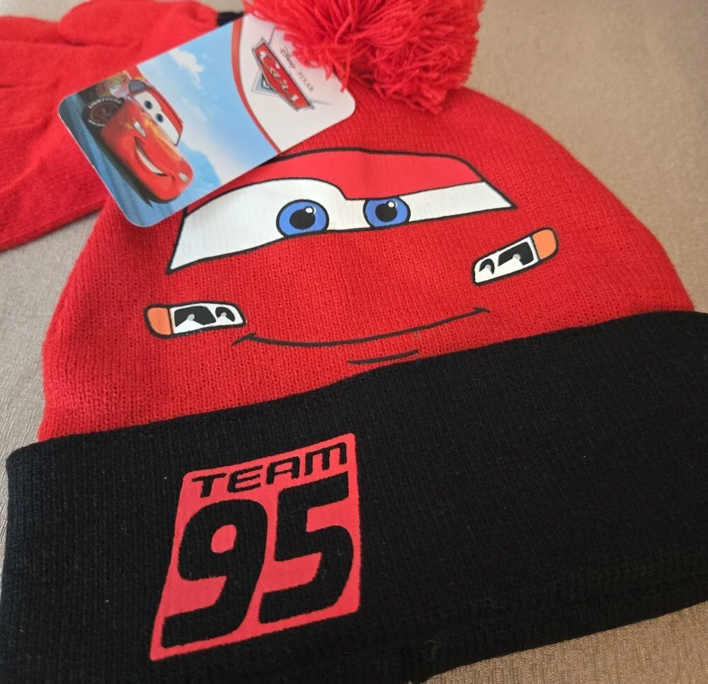 Disney Pixar Cars Lightning McQueen Kids Hat & Gloves Set NWT Team 95 Beanie